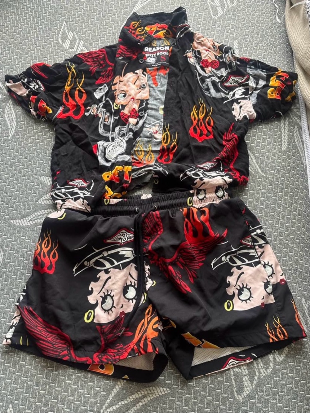 Reason Men's Black Athletic Shorts with Red & Cream Betty Boop Graphics